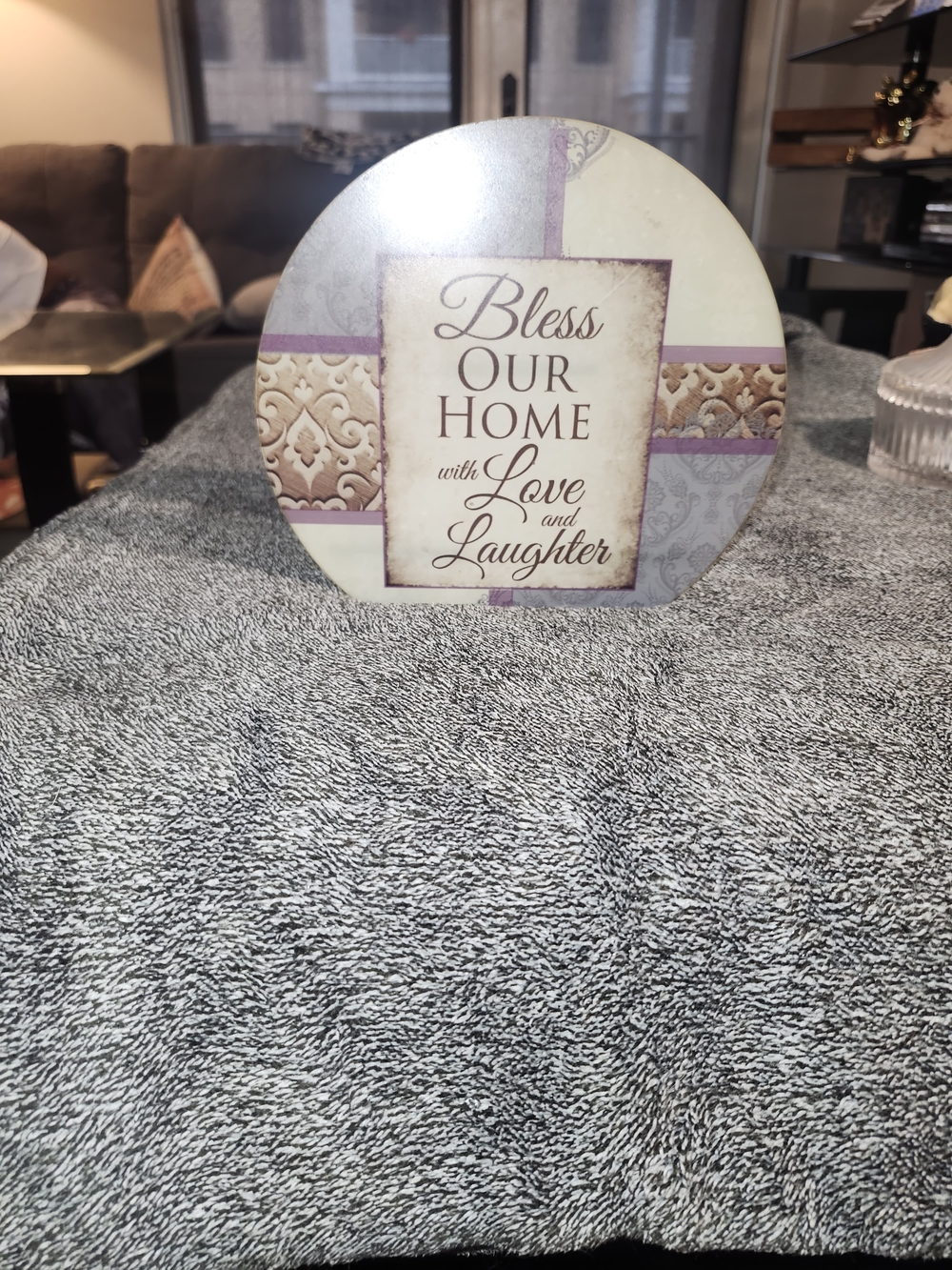 Round Bless Our Home Candle Holder in Cream and Purple